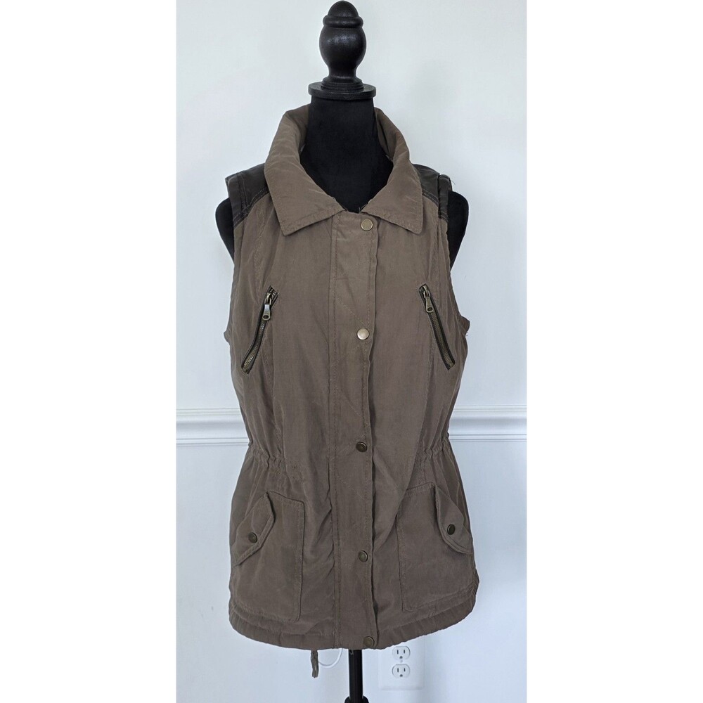 Snobbish Womens M Brown Faux Fur Lined Utility Vest Faux Leather Cargo Pockets
